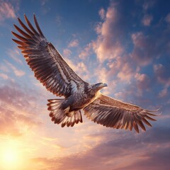 Obraz premium Majestic eagle soaring through a vibrant sunset sky.