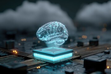 Holographic brain atop circuit board.  A glowing, translucent brain hologram floats above a central processor chip, set on a complex circuit board.  Abstract, futuristic, technological