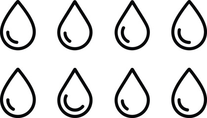 Eight water drop icons in black outline on white liquid