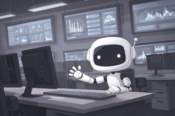 Cute robot in a modern control room