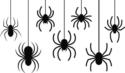 Black Silhouette Spiders Hanging on White Background