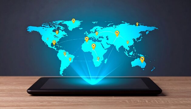 Digital World Map Displaying Location Pins on Tablet with Cyan Glowing Projection over Wooden Surface - Powered by Adobe