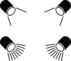 Four black spotlight icons angled in different directions with light beams
