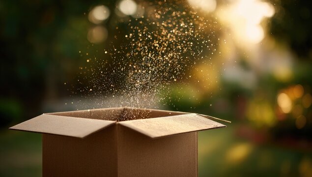 Open cardboard box outdoors, emitting golden sparkles against a blurred sunlit green background