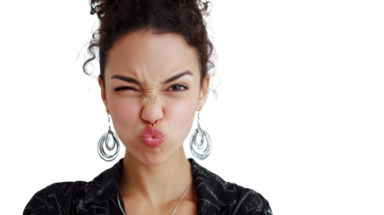 Woman making a comical expression, isolated on a white background.