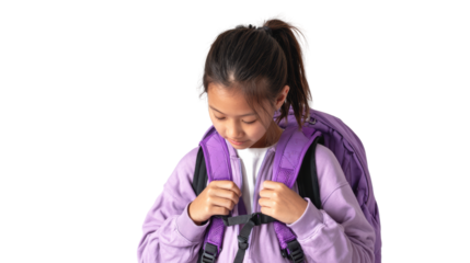 Young girl adjusting her purple backpack, focused and ready for school, white isolate background.