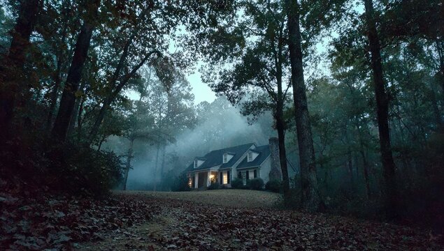 A house in a misty forest at twilight.