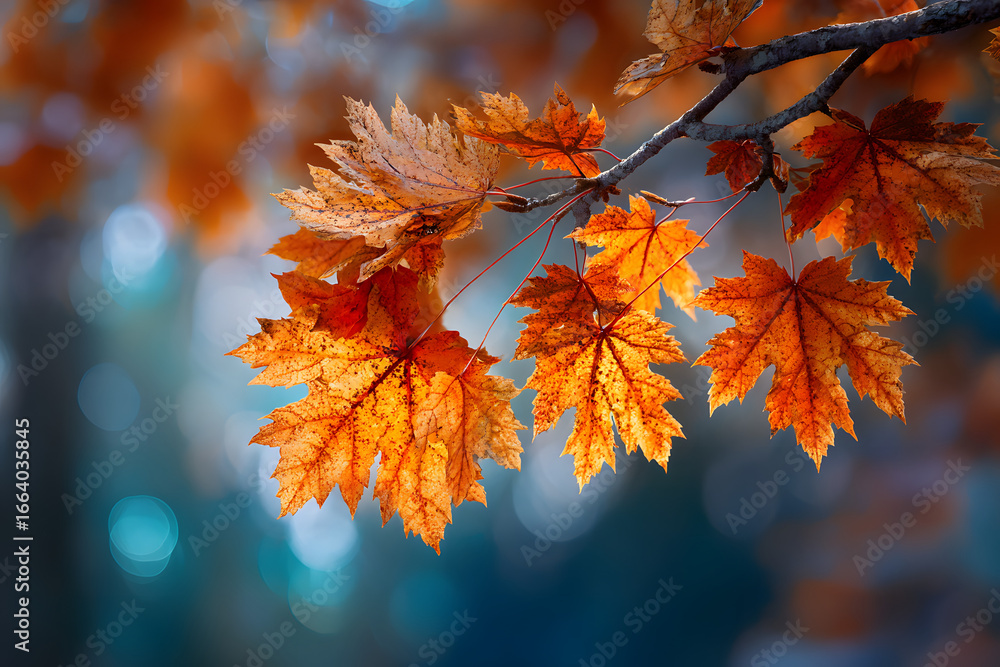 Poster border of orange maple leaves on a branch with bokeh in the background, autumn vibes