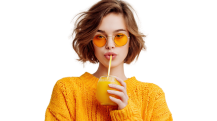 Young woman sipping orange juice, wearing sunglasses and a cozy sweater, isolated on a white background.
