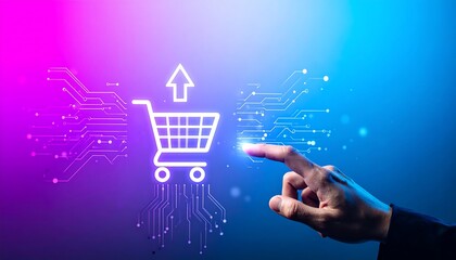 Hand Touching Digital Shopping Cart Icon With Upload Arrow on Gradient Tech Backdrop