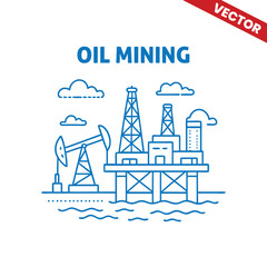 Fototapeta premium Oil Mining Facility with Pumpjack, Oil Barrels, and Storage Tanks in an Outline Graphic Illustration