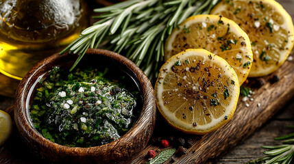 Flat Lay of Fresh Herbs, Olive Oil and Lemon Slices 