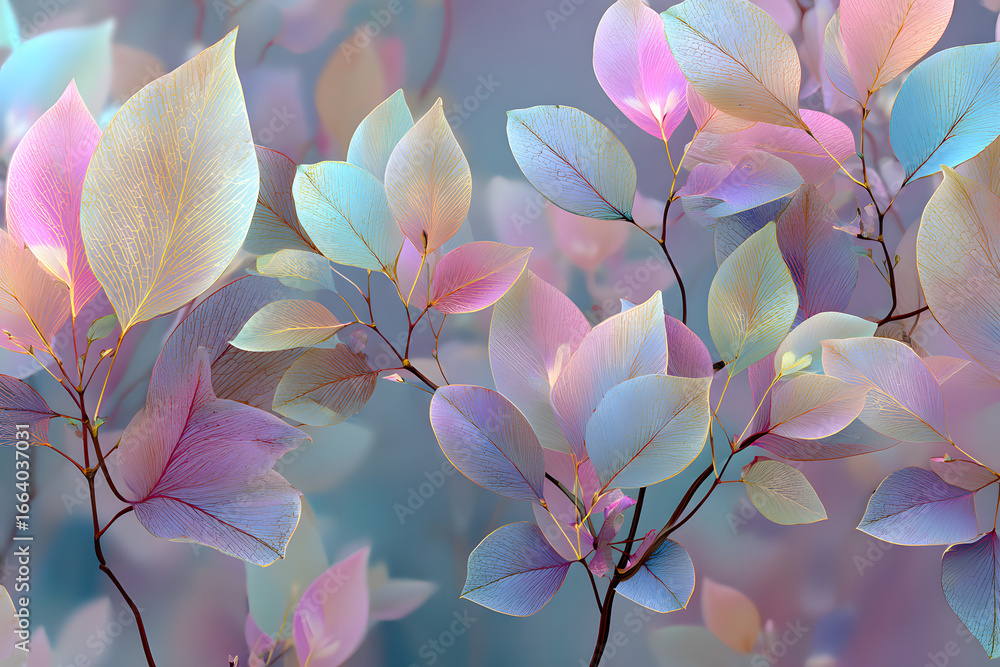 Poster this abstract floral background features delicate leaf patterns and soft pastel colors, creating a s