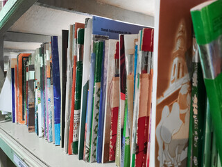 Neatly stacked academic books lining shelves, showcasing an organized collection in a library or...