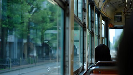 Modern tram interior with lush green boulevard view, sustainable urban mobility