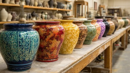 Fototapeta premium Colorful ceramic vases in a studio, various designs and colors