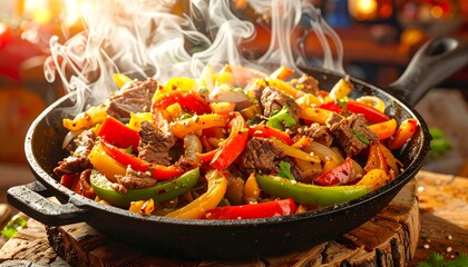 Sizzling fajita platter on a hot iron skillet, smoke effect, restaurant promo style