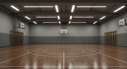 Modern Indoor Basketball Court With High Ceilings, Professional Equipment, And A Stunning Wooden Floor Ideal For Competitive Games And Training