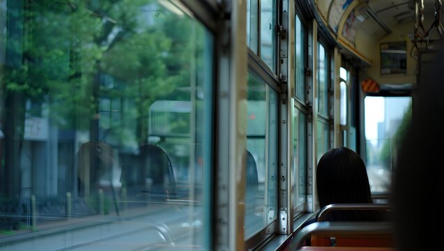 Modern tram interior with lush green boulevard view, sustainable urban mobility