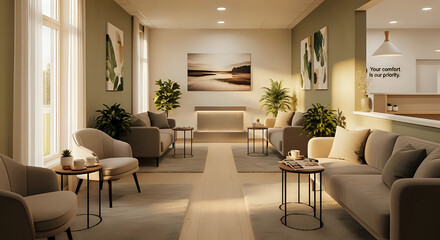 Serene and inviting waiting room designed for comfort, featuring modern furniture, natural light, and a calming atmosphere for relaxation and stress reduction