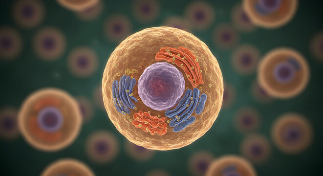 Detailed Microscopic View Of A Cell With Nucleus, Chromosomes And Organelles Representing Complex Life Structures In Biological Science