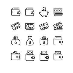 Outline icons depicting money wallets and piggy bank