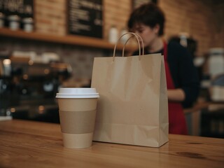 Hot black coffee cup and dessert paper bag on counter in modern coffee shop. food delivery, cafe restaurant, takeaway food, food and drink concept. Ai Generative.