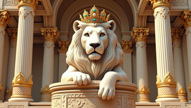 Majestic white lion king sitting on throne in golden palace