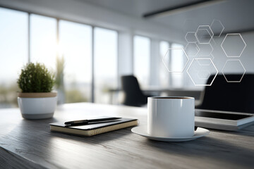 modern workspace featuring minimalist design elements with blurred white text bars displaying ar slogan