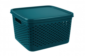 Teal plastic storage basket featuring ergonomic handles, transparent background, helping efficient home organization and item storage