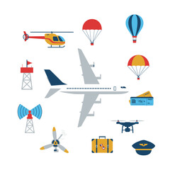Colorful flat icons representing various aspects of air travel and air sports.