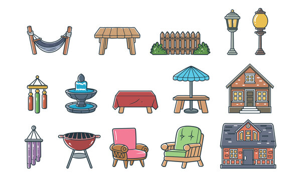 House outdoor decoration vector graphic illustration set