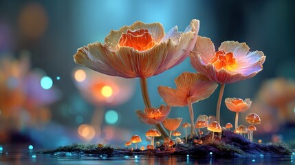 Fototapeta premium Glowing fantasy mushrooms in a magical forest with a blurred background