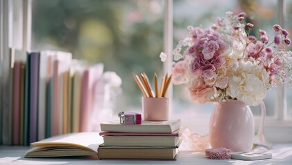 Sunlit windowsill scene with pastel pink flowers in a vase, pencils in a cup, and a stack of books, open notebook, and delicate accents