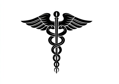 Black and white medical symbol. Pair of wings, coiled serpent, staff