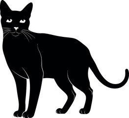 A sleek and elegant black cat with a gracefully curled tail, sitting in profile, a vector illustration of a mysterious and poised feline for various design uses.