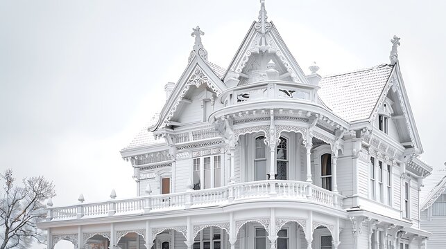 A victorian house covered in snow with intricate details and white paint on a cloudy winter day - Powered by Adobe