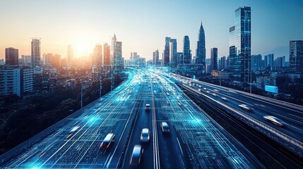 Fototapeta premium A Busy Futuristic Cityscape at Night, with Cars Speeding on a Glowing Digital Highway, Showcasing Smart Transportation and High-tech Urban Life.