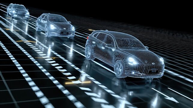 Autonomous Vehicles Driving on a Grid-Patterned Road, with White Arrows and Light Effects, Showcasing a Concept of Smart Transportation and Future Technology.