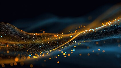 Abstract digital particles flowing in dark space, with vibrant orange and teal highlights