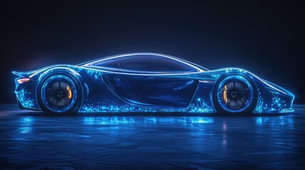 Holographic interface showing a 3D wireframe model of a concept sports car on a workbench. Concept for augmented reality in automotive engineering, EV battery development, and innovative R&D.	