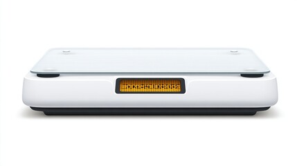 Modern kitchen scale, white body, clear glass top, digital display