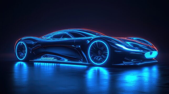 Holographic interface showing a 3D wireframe model of a concept sports car on a workbench. Concept for augmented reality in automotive engineering, EV battery development, and innovative R&D.	