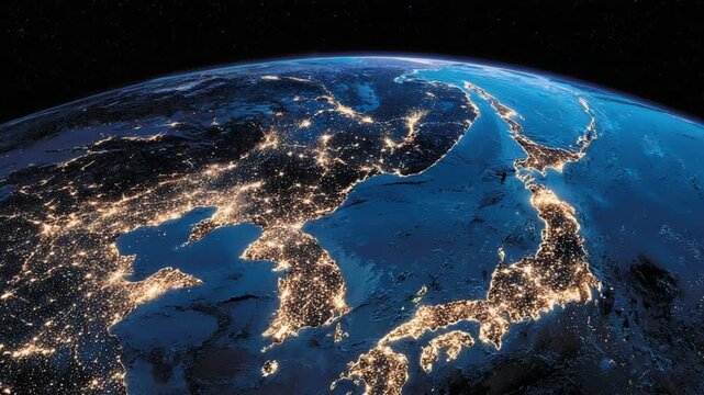 Night view of East Asia from space, showcasing illuminated cities against a backdrop of dark sea