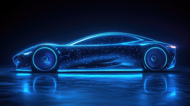 Holographic interface showing a 3D wireframe model of a concept sports car on a workbench. Concept for augmented reality in automotive engineering, EV battery development, and innovative R&D.	 - Powered by Adobe