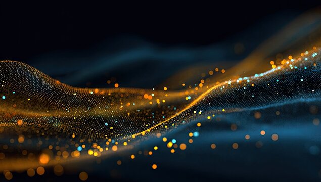 Abstract digital particles flowing in dark space, with vibrant orange and teal highlights
