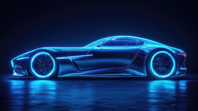 Holographic interface showing a 3D wireframe model of a concept sports car on a workbench. Concept for augmented reality in automotive engineering, EV battery development, and innovative R&D.	