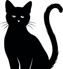 Playful black cat sitting with a curled tail and expressive eyes, a charming vector silhouette illustration of a curious feline.