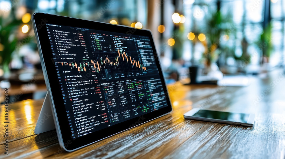 Poster digital tablet displaying financial data and stock market trends in modern workspace