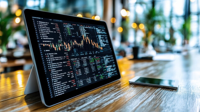 Digital tablet displaying financial data and stock market trends in modern workspace - Powered by Adobe
